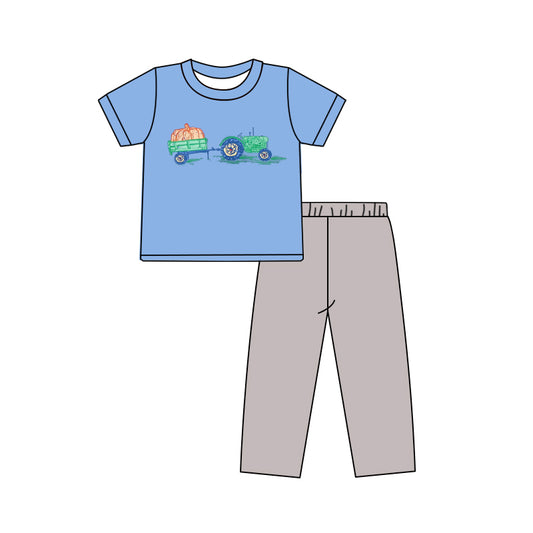 presale BSPO0571 Baby Boys Blue Short Sleeves Truck Pumpkins Top Pant Set  D 5.14