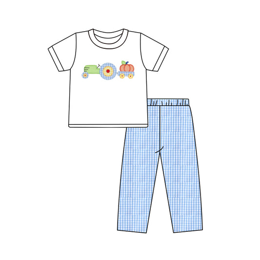 presale BSPO0572  Baby Boys White Short Sleeves Truck Pumpkins Top Blue Plaid Pant Set D 5.14
