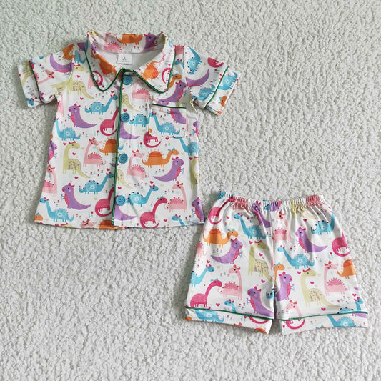BSSO0052 Boys Colorful Dinosaur Button Short Sleeve Shorts Set