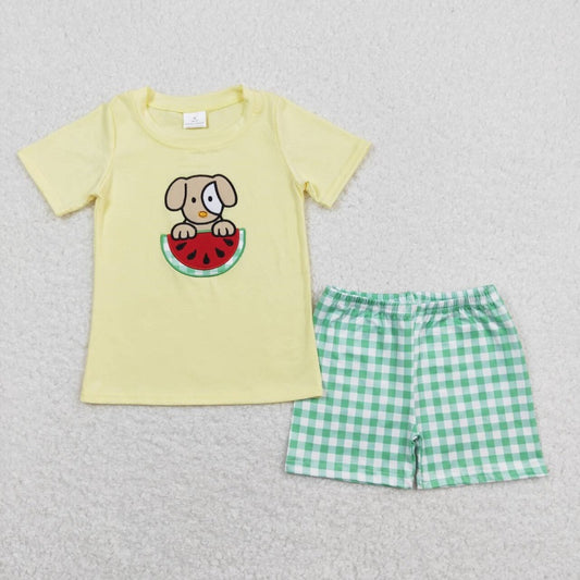 BSSO0446 Embroidery Watermelon puppy yellow green and white plaid short-sleeved shorts suit   D 5.6