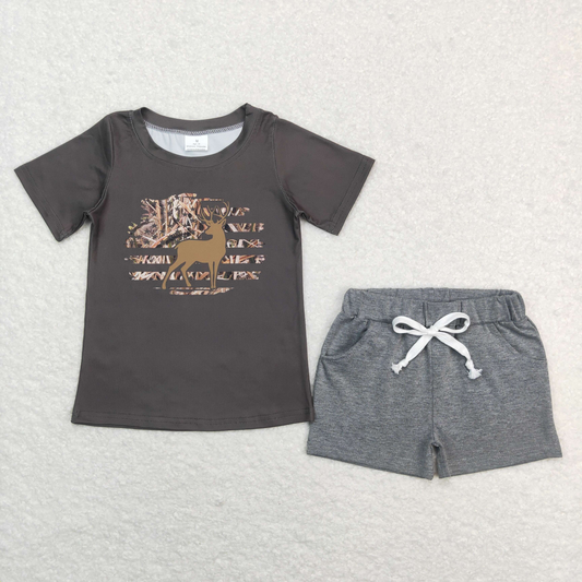 BSSO0473 Baby Boys Deer Hunting Camo Tee Shirts Grey Shorts Summer Clothes Sets