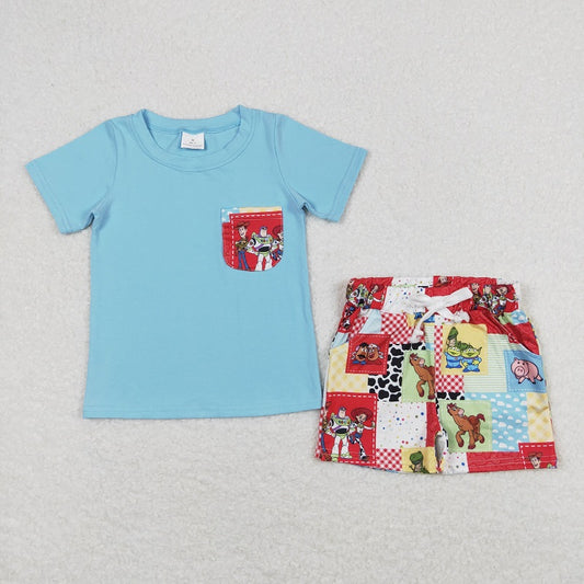 BSSO0535 Cartoon Plaid Pocket Blue Short Sleeve Shorts Suit