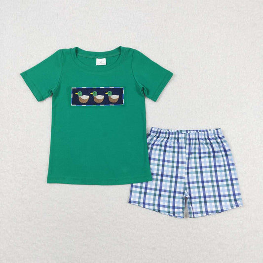 BSSO0589 Embroidered duck green short-sleeved plaid shorts suit  D 4.7
