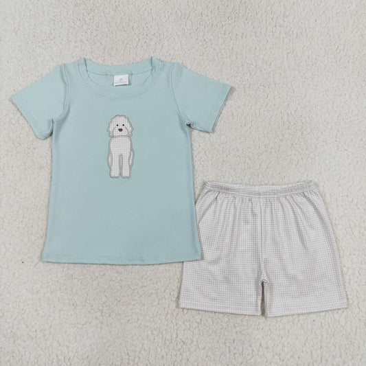 BSSO0593 Embroidered puppy blue short-sleeved plaid shorts suit