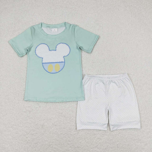 BSSO0675 Green short sleeve polka dot white shorts suit