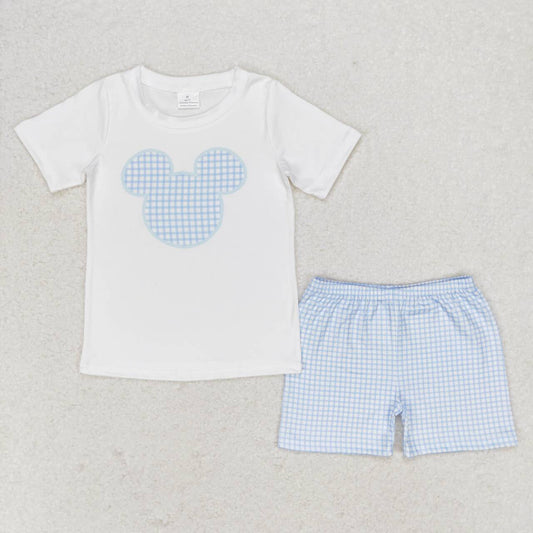 BSSO0860 White short-sleeved blue plaid shorts suit