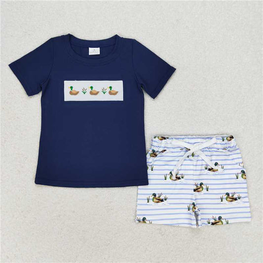 BSSO0884 Three Ducks navy blue short-sleeved striped shorts suit D 3.21