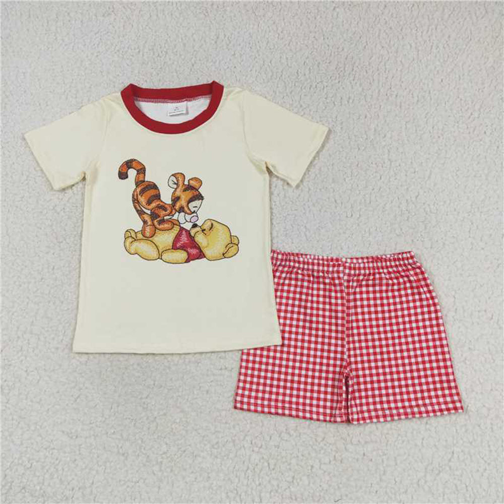 Match Baby Boys Girls Bear Tiger Short Red Checkered Shorts Clothes Sets Romper  D 3.13