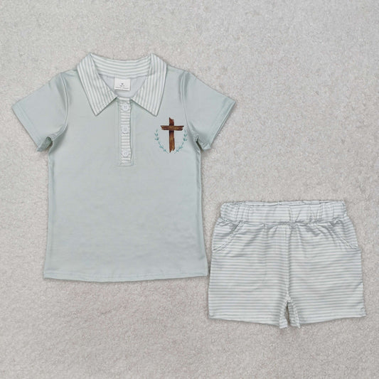 BSSO1025 Cross Leaf Green Short Sleeve Striped Shorts Set D 4.8