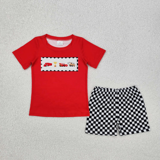 BSSO1079   Cartoon Car Engineering Vehicle Trophy Red Short Sleeve Black and White Checkered Shorts Suit