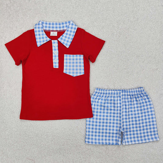 BSSO1152 National Day Blue Plaid Pocket Red Short Sleeve Shorts Set  D 3.15
