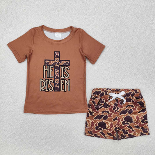 BSSO1162 Camouflage Cross Brown Short Sleeve Shorts Set