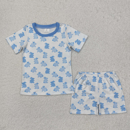 BSSO1163  Easter Plaid Polka Dot Bunny Blue and White Short Sleeve Shorts Pajama Set
