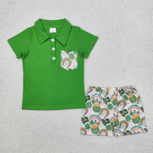 BSSO1165  Four-leaf clover gold coin rainbow hat pocket green short-sleeved shorts suit