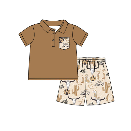 preorder BSSO1179 Alpine Bull Head Hat Boots Cactus Pocket Brown Short Sleeve Shorts Set  2024 12.10