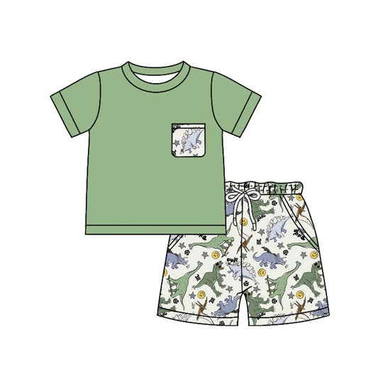 CUSTOM   Dinosaur smiley face star pocket green short-sleeved shorts suit  D 5.20