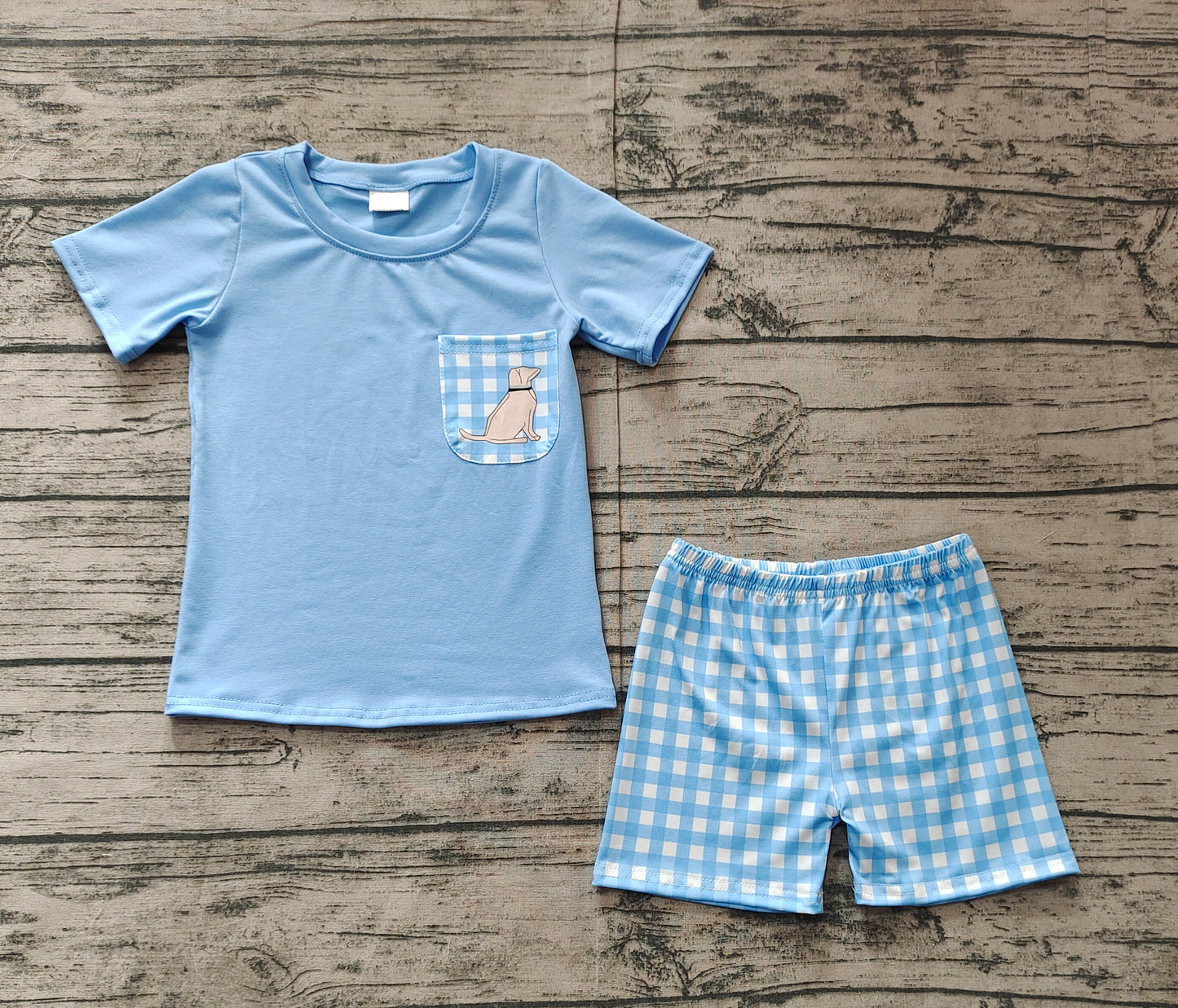 BSSO1190  Puppy Check Pocket Blue Short Sleeve Shorts Set