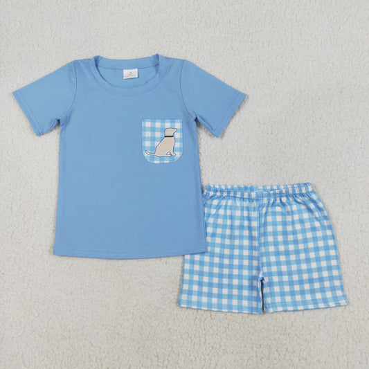 BSSO1190  Puppy Check Pocket Blue Short Sleeve Shorts Set
