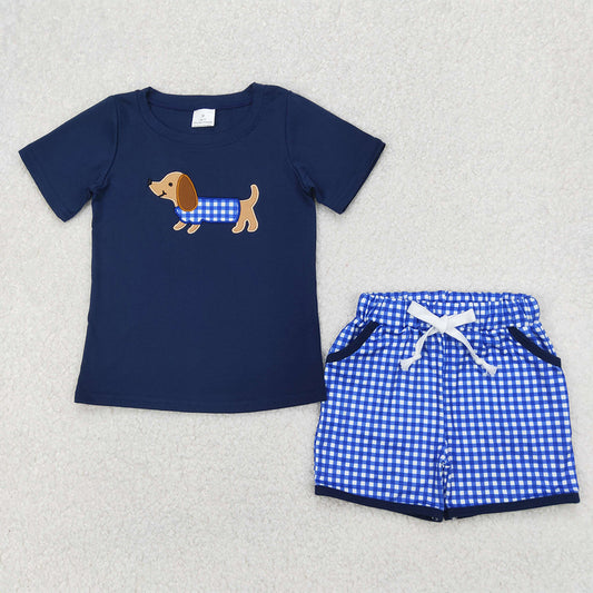 BSSO1227 Embroidery Baby Boys Navy Dachshund Shirt Checkered Shorts Clothes Sets  D 3.31