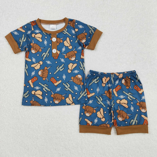 BSSO1232  Baby Boys Western Highland Cow Cactus Shirts Shorts Pajamas Clothes Sets  D 3.6