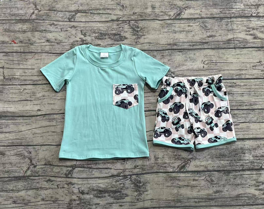 BSSO1316 Baby Boys Light Green Pocket Top Khaki Trucks Shorts Clothes Sets  D 4.7