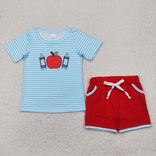 BSSO1328 Baby Boys Embroidery Back To School Pencils Blue Top Shorts Clothes Sets  D 4.4