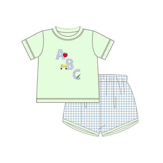 presale BSSO1329  Back to school Apple Pencil Light Green Short Sleeve Blue Plaid Shorts Set  D 2.13