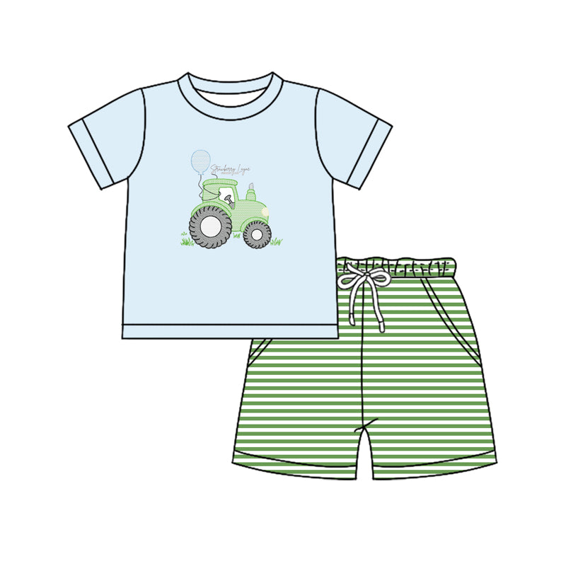 presale BSSO1330  Back to school ABC Apple Short Sleeve Blue Plaid Shorts Set  D 2.13