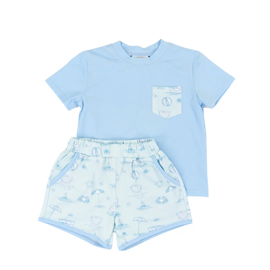 Custom BSSO1349 Crab Beach Ball Pocket Blue Short Sleeve Shorts Set    D 5.20