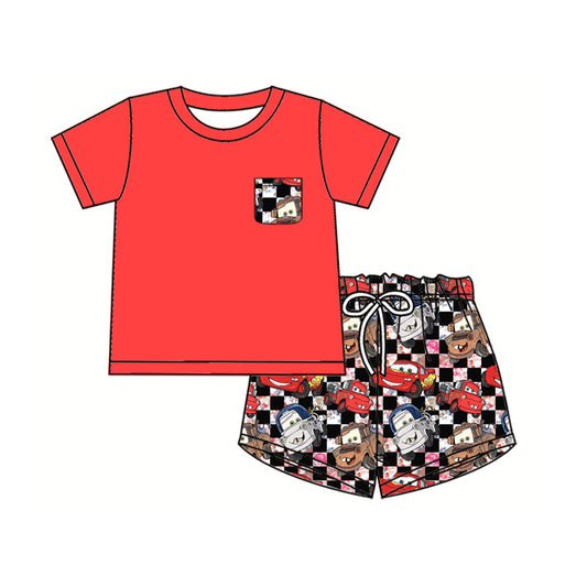 presale BSSO1400  Baby Boys Pocket Top Black Checkered Cartoon Cars Shorts Clothes Sets D 3.4