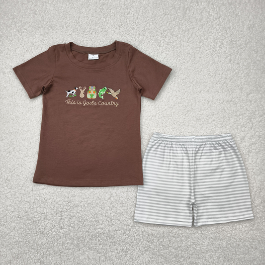 BSSO1410 Dog Deer Vest Fish Duck Brown Short Sleeve Striped Shorts Set   D 4.11