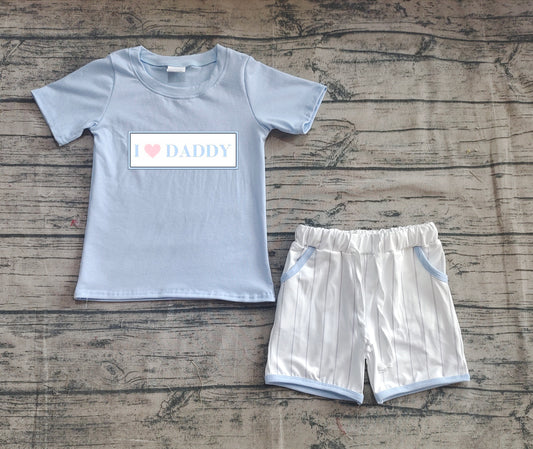 BSSO1434  Baby Boys Blue Short Sleeves I LOVE DADDY Top Stripe Pockets Short Set D 4.9