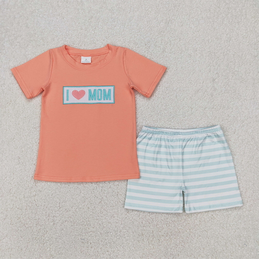 BSSO1435  Baby Boys Orange Short Sleeves I LOVE MOM Top Aqua Stripe Short Set D 4.1