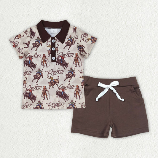 BSSO1467  Baby Boys Western Rodeo Pullovers Shirt Brown Shorts Outfits Sets  D 3.26