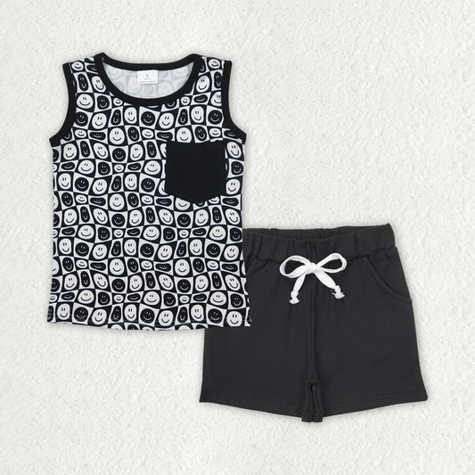 BSSO1483 Baby Boys Black Happy Face Pocket Top Pockets Short Sets  D 4.3