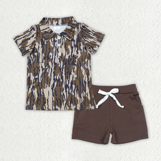 BSSO1489  Brown And green Camo Collar Beige Short Sleeve Brown Pocket Shorts Suit D 4.4