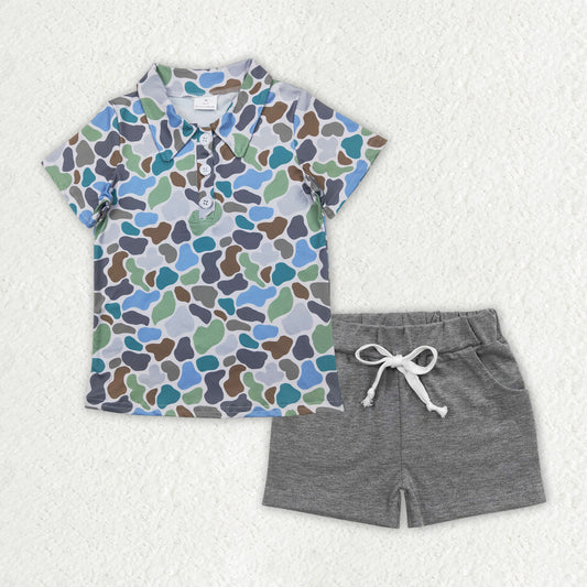 BSSO1491  Baby Boys Teal Camo Collar Short Sleeve Light Grey Pocket Shorts Set D 4.4
