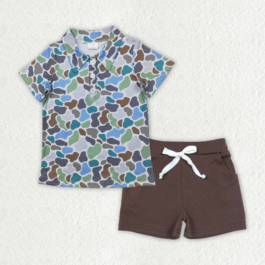 BSSO1492  Teal Cam Collar Short Sleeve Light Brown Pocket Shorts Set D 4.4
