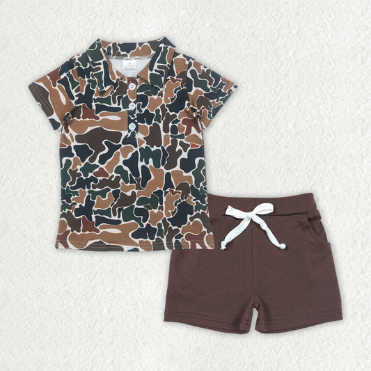 BSSO1493 Brown Green Camo Collar Beige Short Sleeve Brown Pocket Shorts Suit D 4.4
