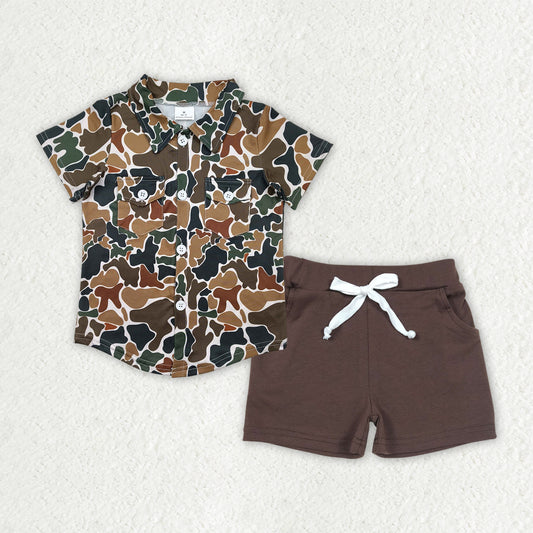 BSSO1513   Baby Boys Brown Camouflage Button Pockets Shirts Top Cotton Shorts Sets D 4.14