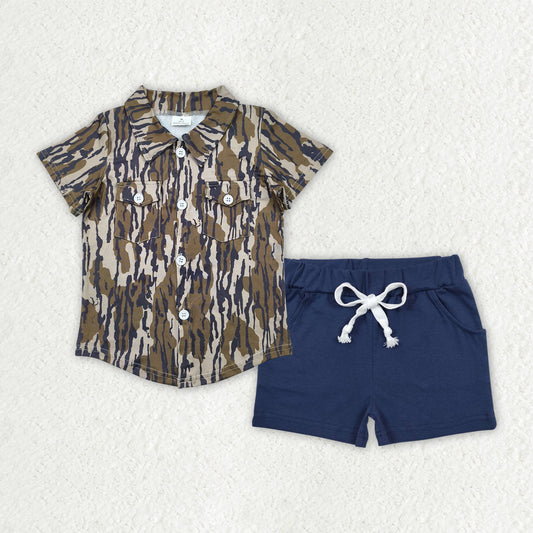 BSSO1515  Baby Boys Bottomland Camo Button Pockets Shirts Top Navy Cotton Shorts Sets D 4.14