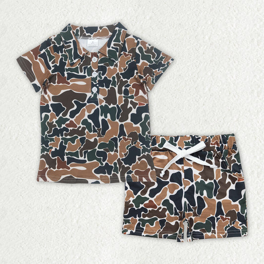 BSSO1522 Baby Boys Brown Camouflage Button Polo Shirts Top Pockets Shorts Sets D 4.21
