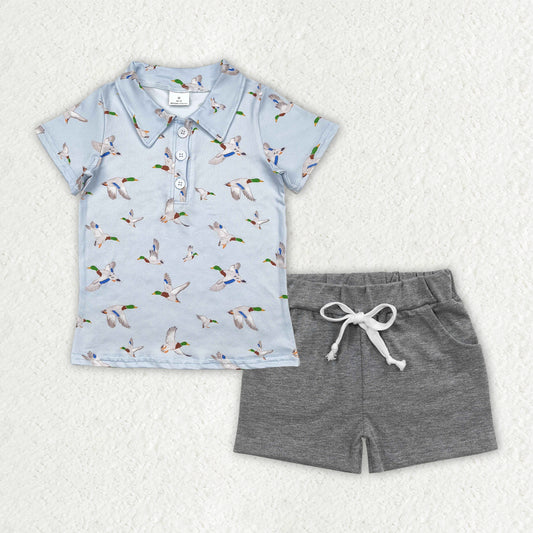 BSSO1523 Baby Boys Blue Ducks Button Polo Shirts Top Gray Pockets Shorts Sets  D 4.21