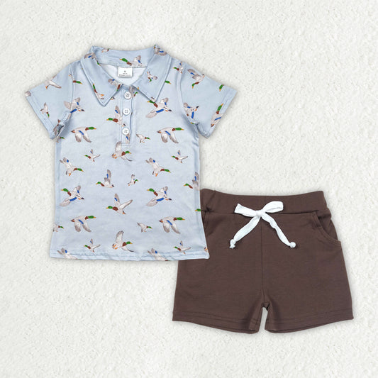BSSO1524  Baby Boys Blue Ducks Button Polo Shirts Top Brown Pockets Shorts Sets  D 4.21