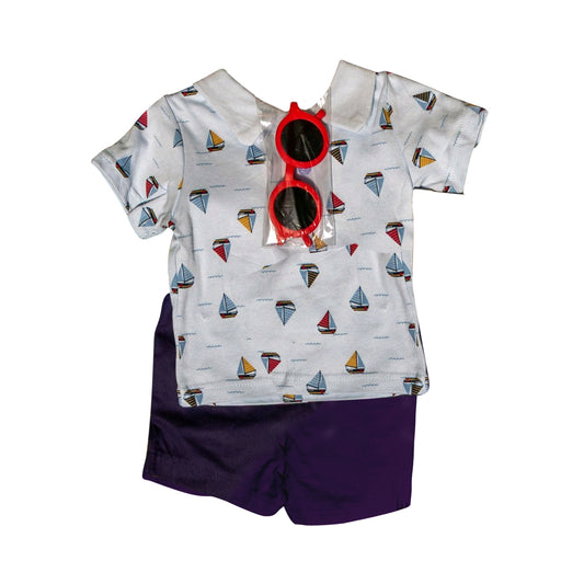 presale BSSO1532 Baby Boys Short Sleeves Boats Top Purple Short Set   D 5.6