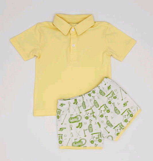 presale BSSO1546  Baby Boys Yellow Short Sleeves Button Shirts Top Golf Short Set D 6.10