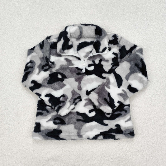BT0744 Camouflage Off-White Zipper Plush Jacket Long Sleeve Top