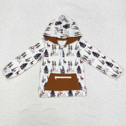 BT0758 Deer Pine Brown Pocket Zip Hooded Long Sleeve Top
