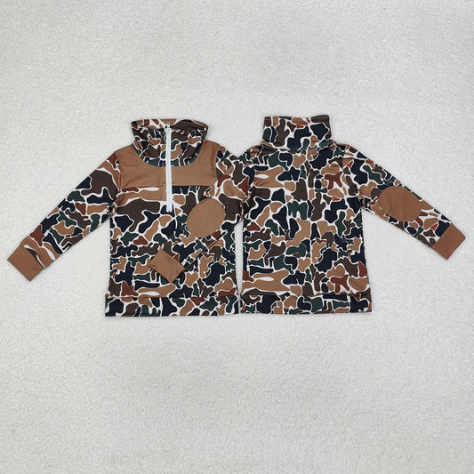 BT0810 Brown Green Camouflage Beige Zipper Long Sleeve Top