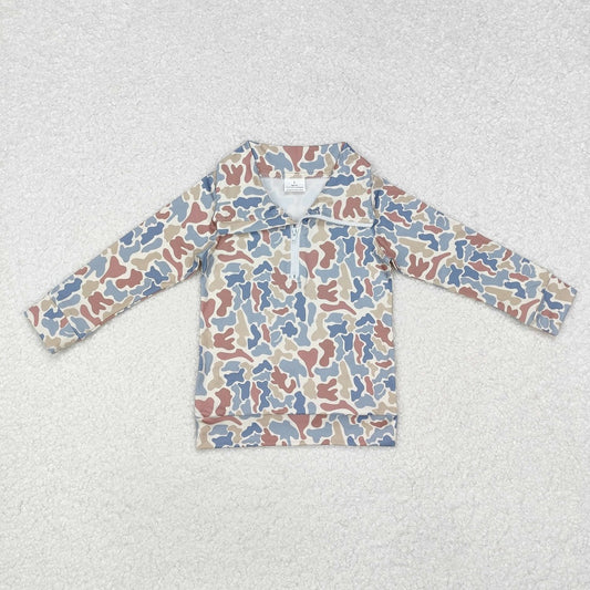 BT0870  Brown, green and blue camouflage zip-up long-sleeved top